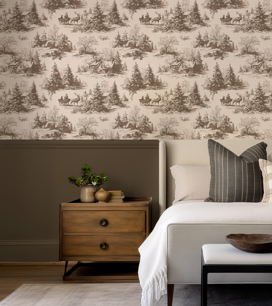 Toile wallpaper in a brown bedroom with a bedside table