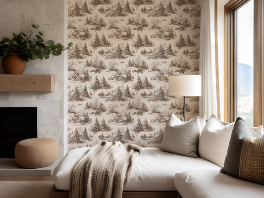 Living room with patterned wallpaper, sofa, and window view