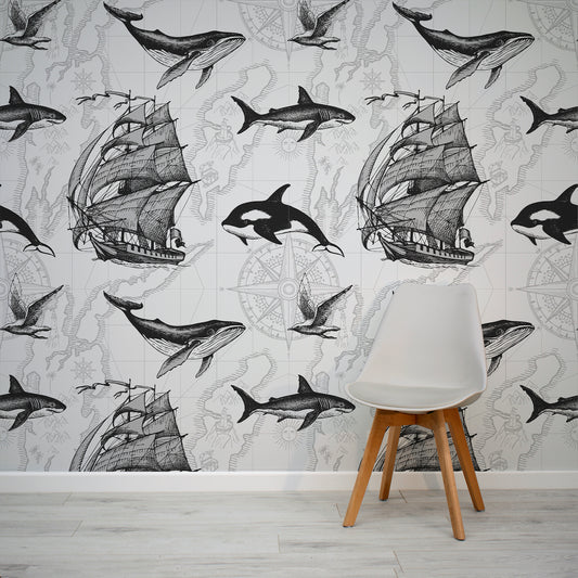 Nautical Odyssey Map Monochrome Wallpaper In Room WIth Grey Chair
