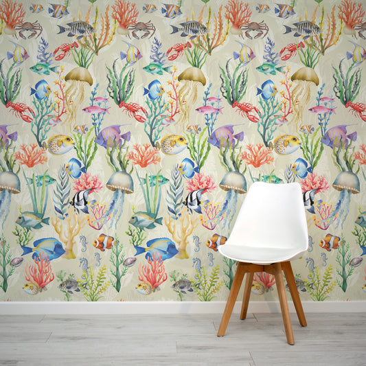 Nautilus Cream Underwater Fish Marine Life Wallpaper with White Chair