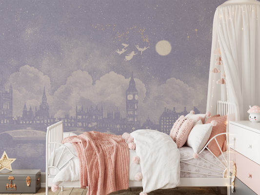 Watercolour Lilac London skyline at night inspired by Peter Pan mural in a girls bedroom with pink covers