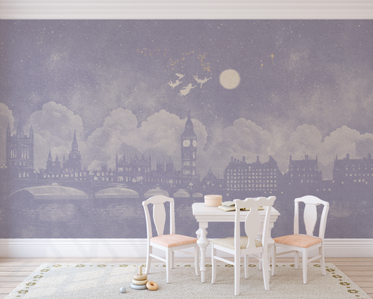 Watercolour Lilac London skyline at night inspired by Peter Pan mural in a children's playroom with a white colouring table