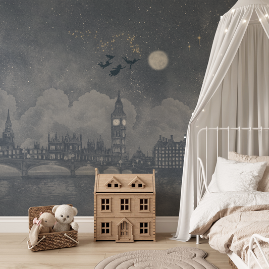 Watercolour London skyline Peter Pan inspired mural in a white childrens bedroom 