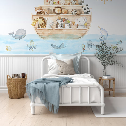Noah's Journey Wallpaper In Room With White Wood Panelling And Small Single Bed With Blue Cushions