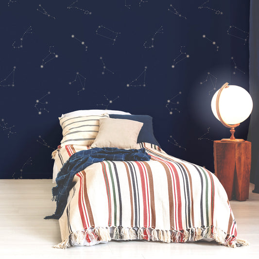 Nocturnal Constellations Blue In Bedroom With Single Stripy Bed & Light Up Globe
