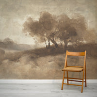 Oak Wallpaper Wooden chair against a wall with a scenic mural of trees and landscape.