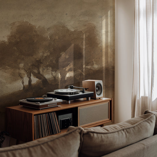 Oak Wallpaper Record player and speakers on a wooden console against a wall with a scenic mural.