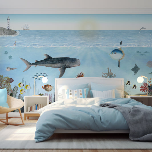 Ocean Lookbook Wallpaper In Boy's Bedroom With Light Blue Bed And Two Lamps Either Side
