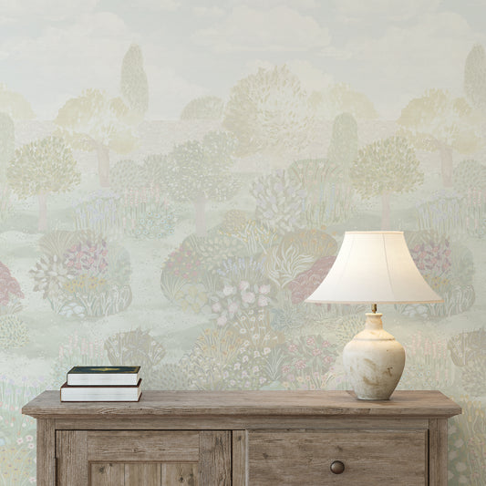 Decorative wallpaper with floral pattern, wooden sideboard with books, and lamp.
