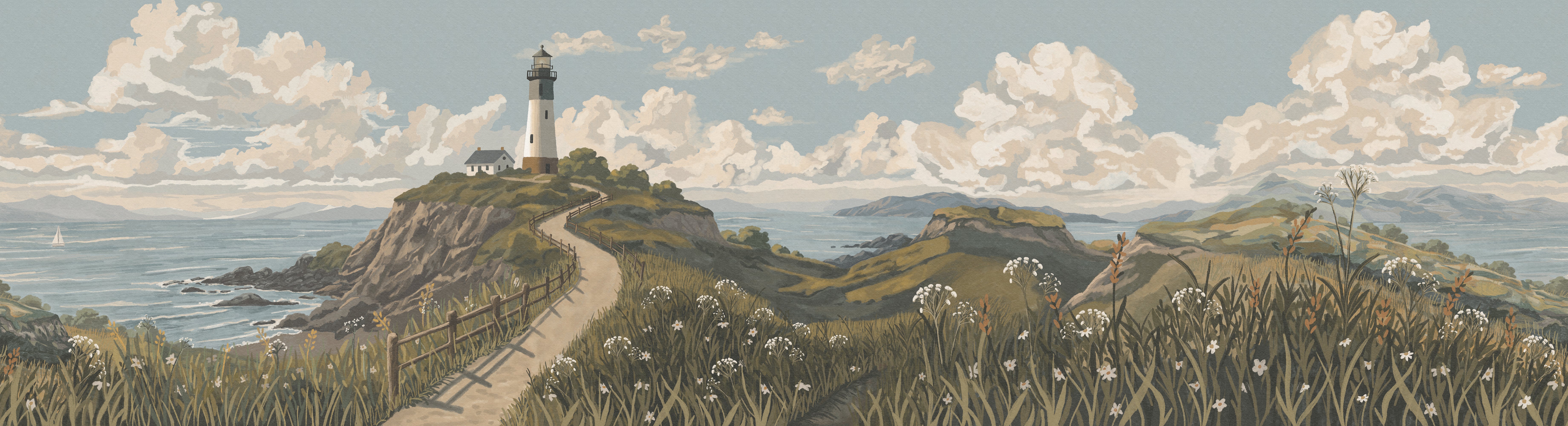 A scenic landscape artwork showing a lighthouse on a rocky cliff above the ocean, with a winding path in the foreground, grassy hills, and a cloudy sky.