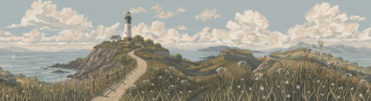 A scenic landscape artwork showing a lighthouse on a rocky cliff above the ocean, with a winding path in the foreground, grassy hills, and a cloudy sky.