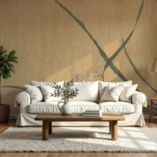 Orchid in neutral living room with white couch and plants