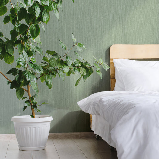 Paint Splash Symphony Wallpaper In Bedroom With Wooden Bed and Large Green Plant In Large White Plant Pot