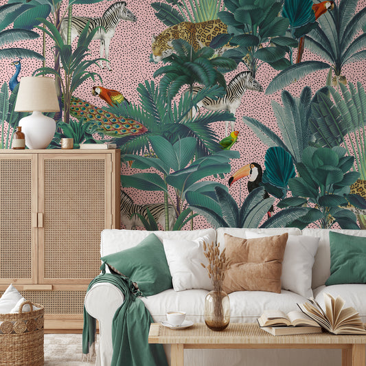 Paradise Garden Pink Speckled Wallpaper With Sofa With Green Cushions and Open Books on Coffee Table