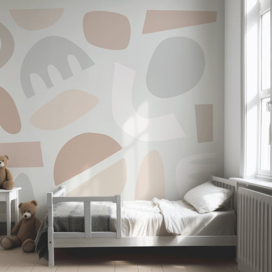 Pastel Puzzles Neutral In Child's Bedroom With Grey Bed And Two Brown Teddy Bears