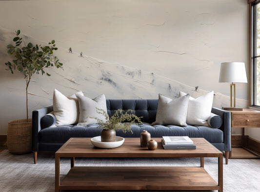 Modern living room with a gray sofa, wooden coffee table, and decorative items.