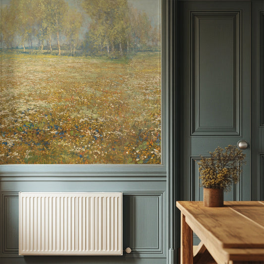 Penelope Wallpaper in a Room interior with a radiator, wooden table, and wall painting of a field.