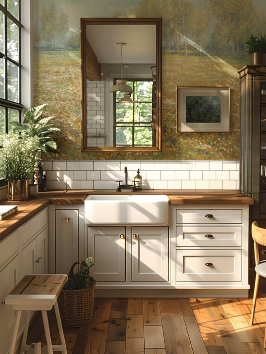 Penelope Wallpaper in a Modern kitchen with white cabinets, wooden countertops, and a large mirror on the wall.