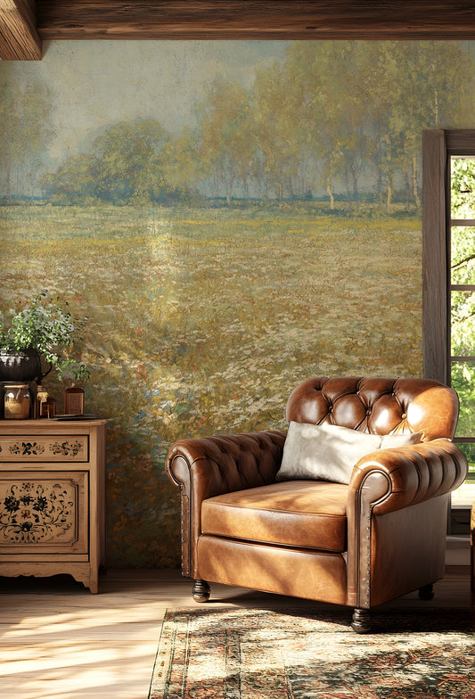 Penelope Wallpaper with a Brown leather armchair in a room with a decorative wall and wooden cabinet.