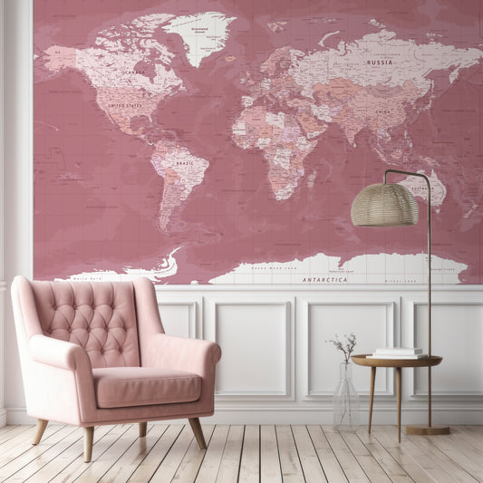 Pink World Map Wallpaper In Room With Pink Chair And White Wood Panneling