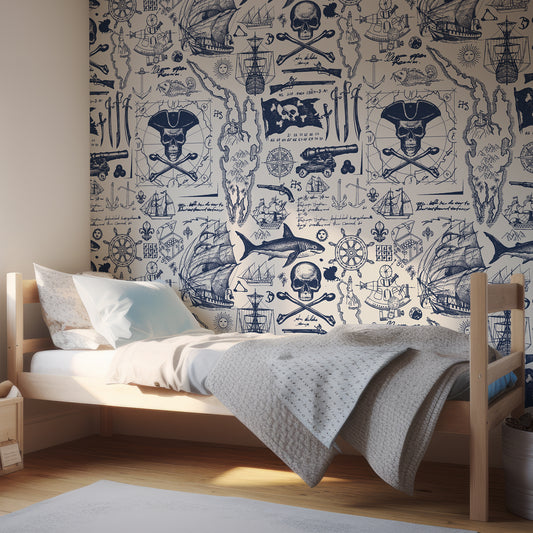 Pirate's Blueprint Wallpaper In Child's Bedroom With Light Blue Bedding And Wooden Bed