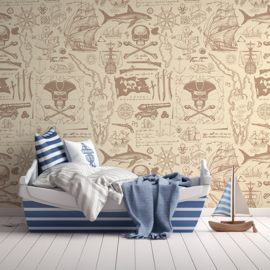 Pirate's Blueprint Wallpaper In Children's Room With Pirate Themed Stripy Blue And White Bed With Wooden Toy Pirate Ship