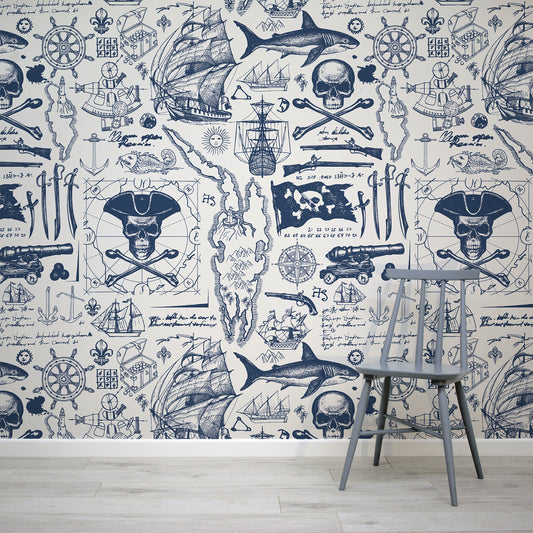 Pirate's Blueprint Wallpaper Mural In Room With Blue Chair