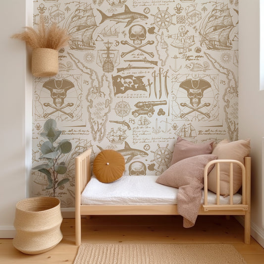 Pirates Blueprint Gold Wallpaper In Child's Bedroom With Wooden Bed and Neutral Colored Cushions and Plants