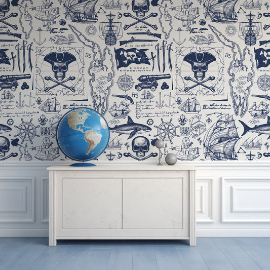 Pirates Blueprint Wallpaper In Room With Wooden Cabinet And World Globe On Top
