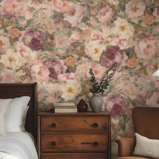 Bedroom with floral wallpaper, wooden nightstand, and decorative items.