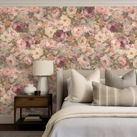 Bedroom with floral wallpaper, bed, nightstand, and lamp.