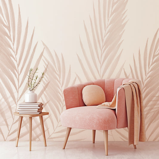 Raffia Pink Wallpaper In Room With Light Pink Chair & Wooden Stool