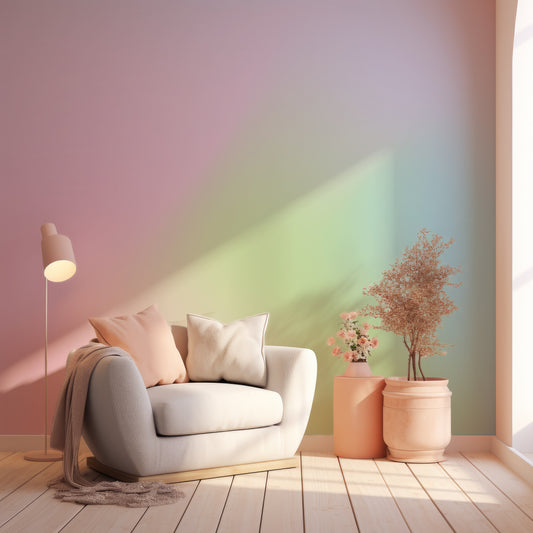 Rainbow Dreams In Room With Grey Chair With Pastel Cushion, Lights And Vases With Flowers & Plants