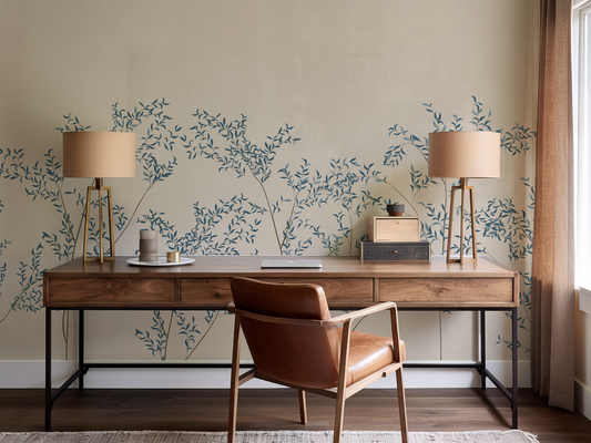 Wooden desk with a chair against a wall with floral wallpaper