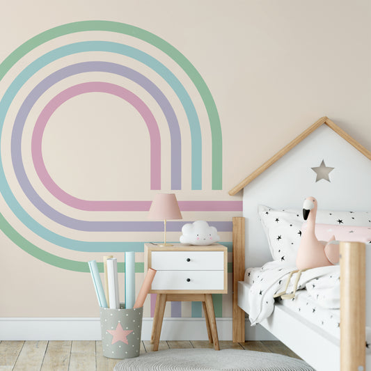 Retro Spiral Mural Pastel in childs bedroom with star bedding and pink flamingo plush toy