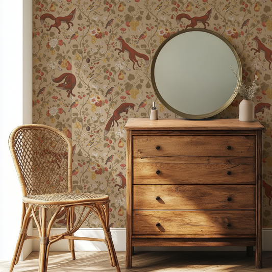 Wooden dresser with round mirror and wicker chair against a wallpapered wall with fox designs.