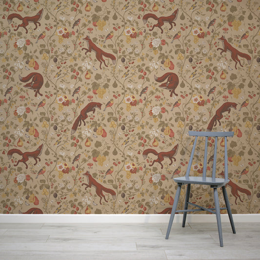Wallpaper with fox and floral pattern in a room with a chair.