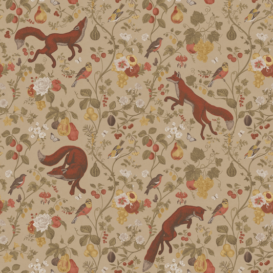 Patterned Wallpaper with foxes, birds, and flowers on a beige background