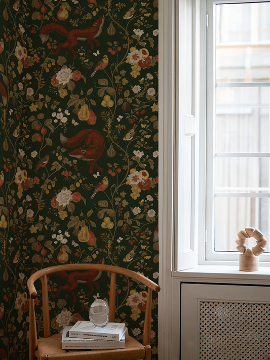 Room interior with floral fox wallpaper, wooden chair, and window.