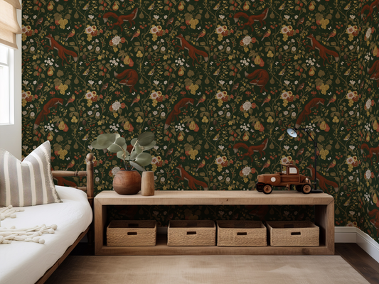 Room interior with floral wallpaper, wooden bench, and decorative items.