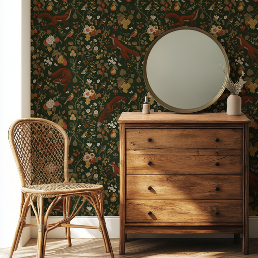 Wooden dresser with round mirror and wicker chair against a floral wallpapered wall.