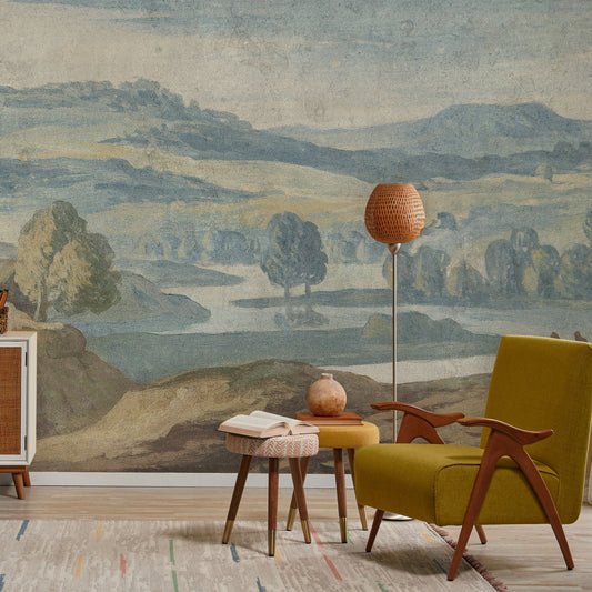 Rome Countryside Wallpaper Mural In Lounge With Yellow Chair