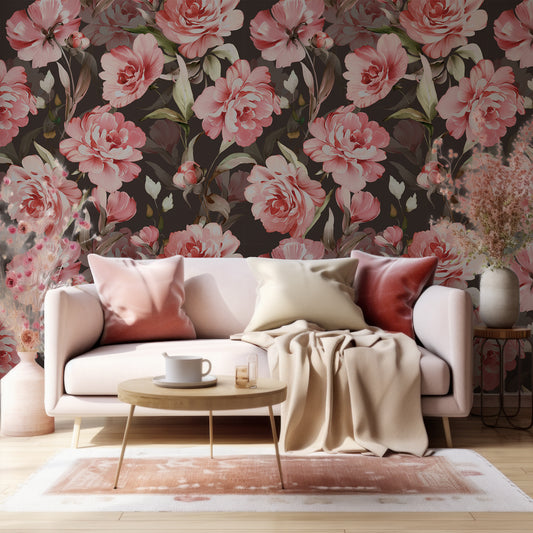 Rosewood Serenade Wallpaper In Living Room With Beige Sofa With Red And Golden Cushions And Pink Plants
