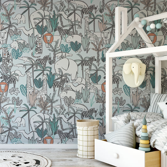 Safari Dreamscape Wallpaper In Kids Bedroom With Large Kids Bed & Elephant Coat Hanger