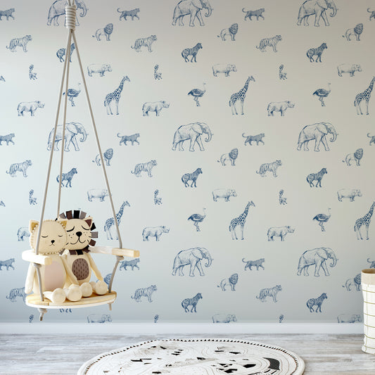 Safari Sketchbook Wallpaper In Child's Room With Hanging Chair & Plush Toys