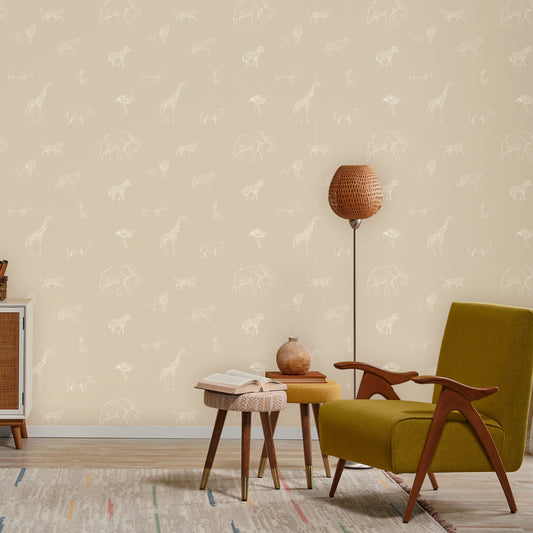 Safari Sketchbook Wallpaper In Lounge With Yellow Chair And Stools