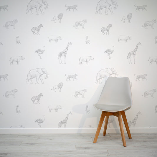 Safari Sketchbook Wallpaper In Room WIth Grey Chair
