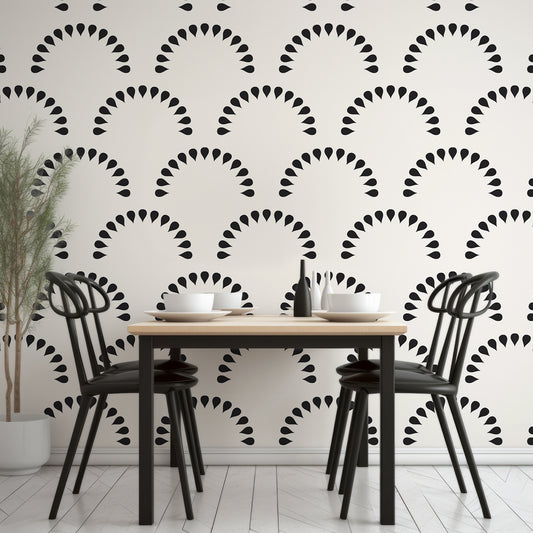 Scaled Droplets Monochrome Wallpaper In Dining Room With Black Tables And Chairs With Wooden Table Top