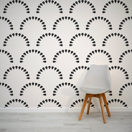 Scaled Droplets Monochrome Wallpaper In Room With Grey Chair
