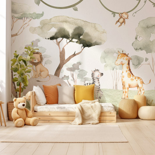 Serengeti Friends Wallpaper In Child's Bedroom With Wooden Bed With Red, Beige And Yellow Cushions As Well As Teddy Bear